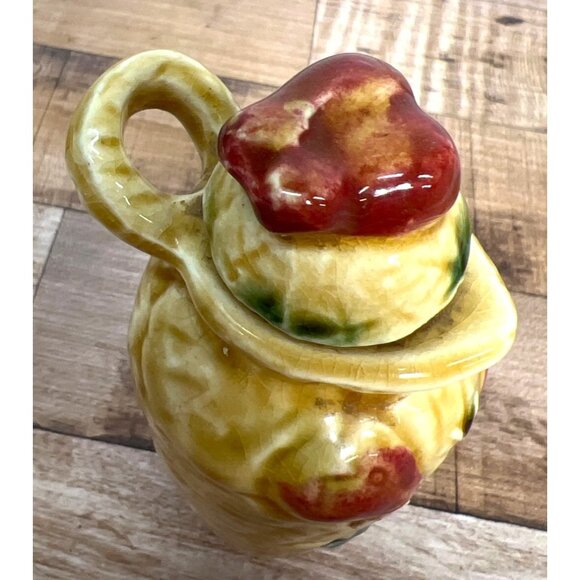 Vintage Hand-Painted Ceramic Oil And Vingar keeper With Handle & Lid Yellow/Red - Picture 3 of 4